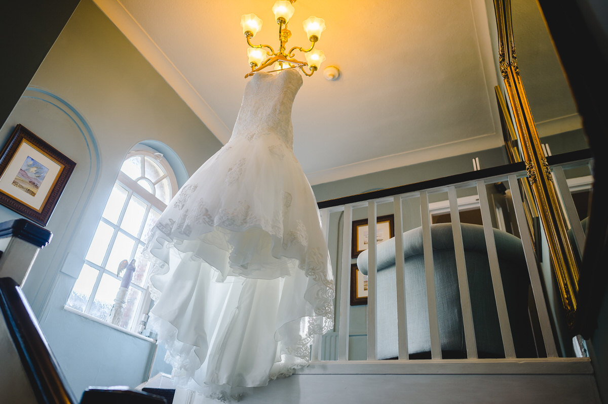 Ruffles of fabric on the wedding dress