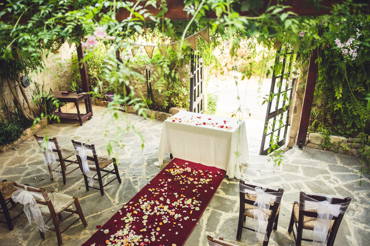 the courtyard filled with rose petals